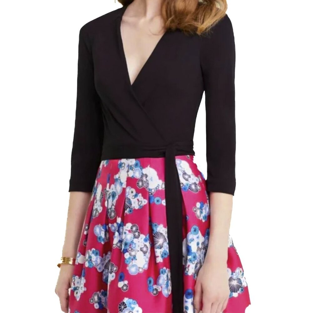 Diane von Furstenberg Jewel Silk Combo Wrap Dress Floating Flowers Size 0 NWOT‎